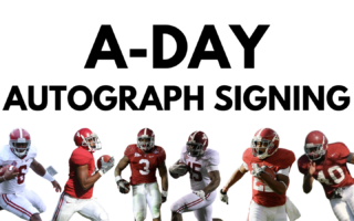 Football players wearing Alabama Crimson Tide uniforms in various action poses, beneath text reading "A-Day Autograph Signing.