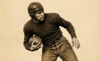 A person wearing vintage football gear and a leather helmet holds a football while looking to the side. The image has a sepia tone, giving it an old-fashioned appearance.
