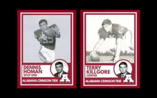 Two vintage football cards featuring players from Alabama Crimson Tide. The left card showcases an individual in a football pose labeled "Dennis Homan, Split End." The right card shows another individual in a football stance labeled "Terry Killgore, Center." Both cards have similar red and white designs with Alabama Crimson Tide logos.