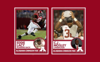 Two football trading cards on a red background. The left card features a player in an Alabama Crimson Tide uniform running with a football. It has text: "Eddie Lacy, Running Back, Alabama Crimson Tide." The right card shows another player holding a trophy, with text: "C.J. Mosley, Linebacker, Alabama Crimson Tide.
